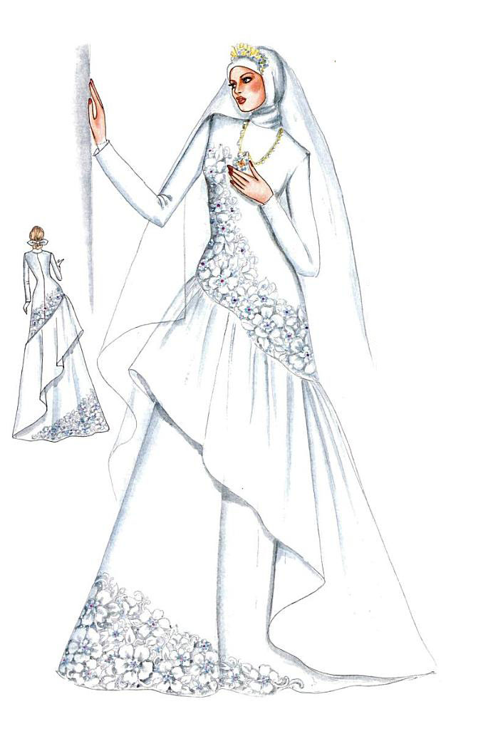 Gaun pengantin asimetris bertumpuk di bawah, dengan lengan 